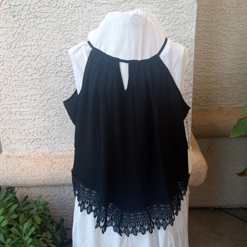 2/$12 HAVE PLUS Black w Lace  String Tie Halter  Tank Top New  2X